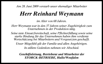 Traueranzeige von Reinhard Weymann von Neue Osnabrücker Zeitung GmbH & Co. KG