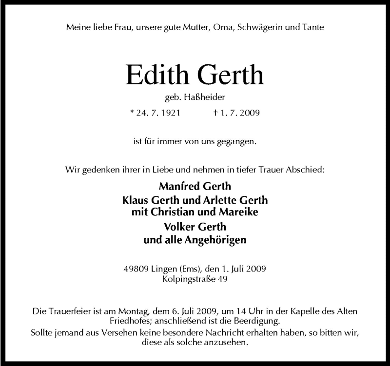  Traueranzeige für Edith Gerth vom 04.07.2009 aus Neue Osnabrücker Zeitung GmbH & Co. KG