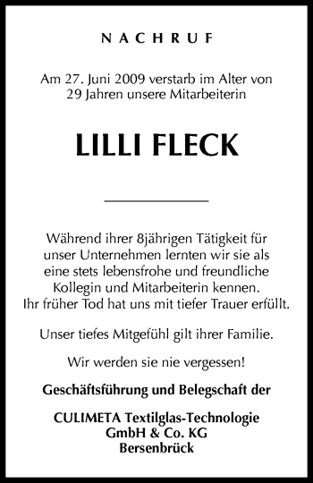 Traueranzeige von Lillie Fleck von Neue Osnabrücker Zeitung GmbH & Co. KG