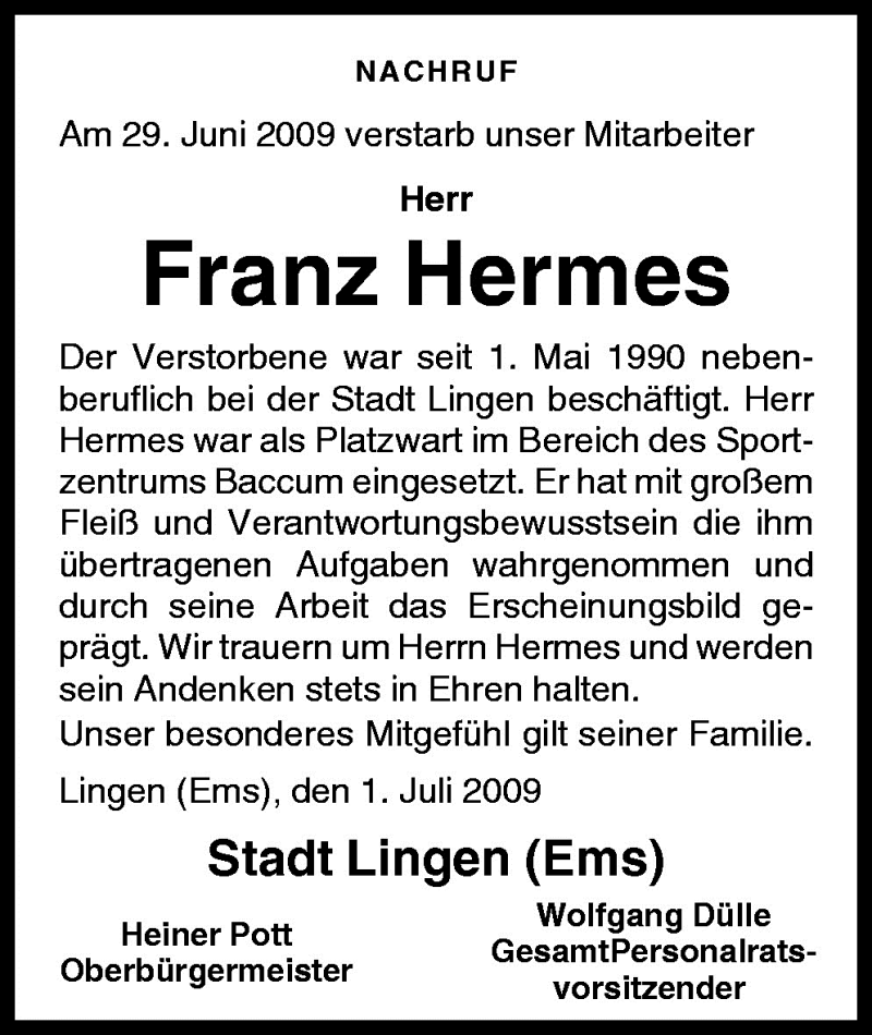  Traueranzeige für Franz Hermes vom 06.07.2009 aus Neue Osnabrücker Zeitung GmbH & Co. KG