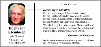 Traueranzeige von Edeltraut Kleinlosen von Neue Osnabrücker Zeitung GmbH & Co. KG