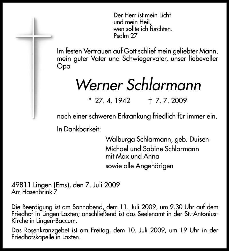  Traueranzeige für Werner Schlarmann vom 09.07.2009 aus Neue Osnabrücker Zeitung GmbH & Co. KG
