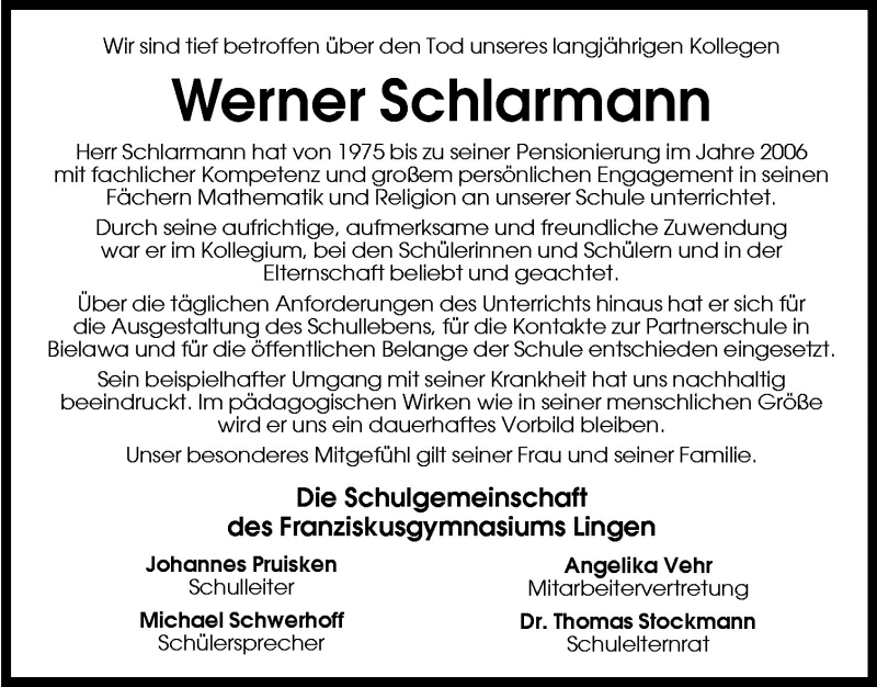  Traueranzeige für Werner Schlarmann vom 09.07.2009 aus Neue Osnabrücker Zeitung GmbH & Co. KG