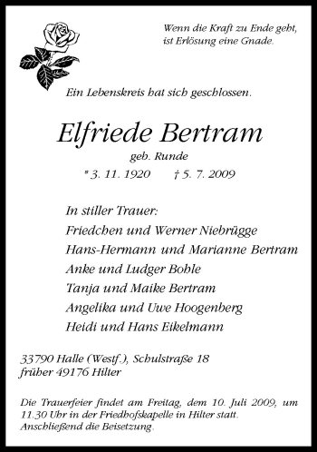 Traueranzeige von Elfriede Bertram von Neue Osnabrücker Zeitung GmbH & Co. KG