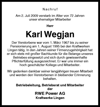 Traueranzeige von Karl Wegjan von Neue Osnabrücker Zeitung GmbH & Co. KG