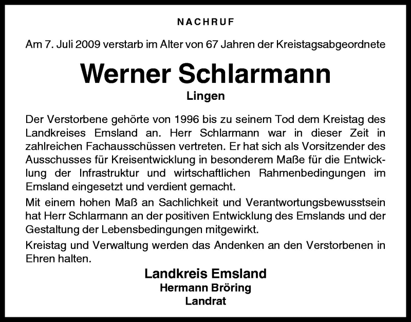  Traueranzeige für Werner Schlarmann vom 10.07.2009 aus Neue Osnabrücker Zeitung GmbH & Co. KG