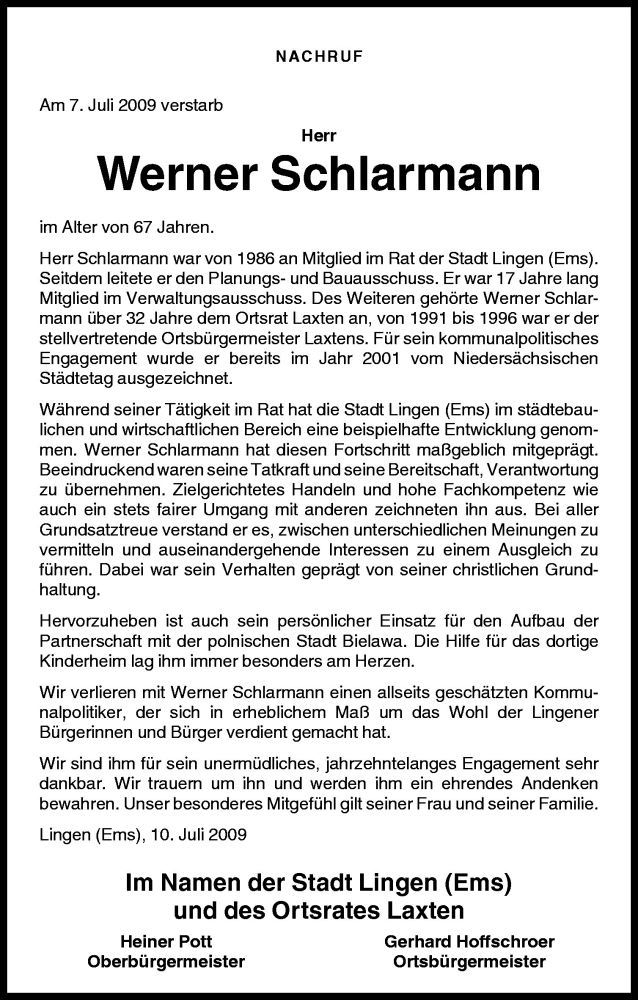  Traueranzeige für Werner Schlarmann vom 10.07.2009 aus Neue Osnabrücker Zeitung GmbH & Co. KG