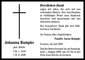 Traueranzeige von Johanna Rumpke von Neue Osnabrücker Zeitung GmbH & Co. KG