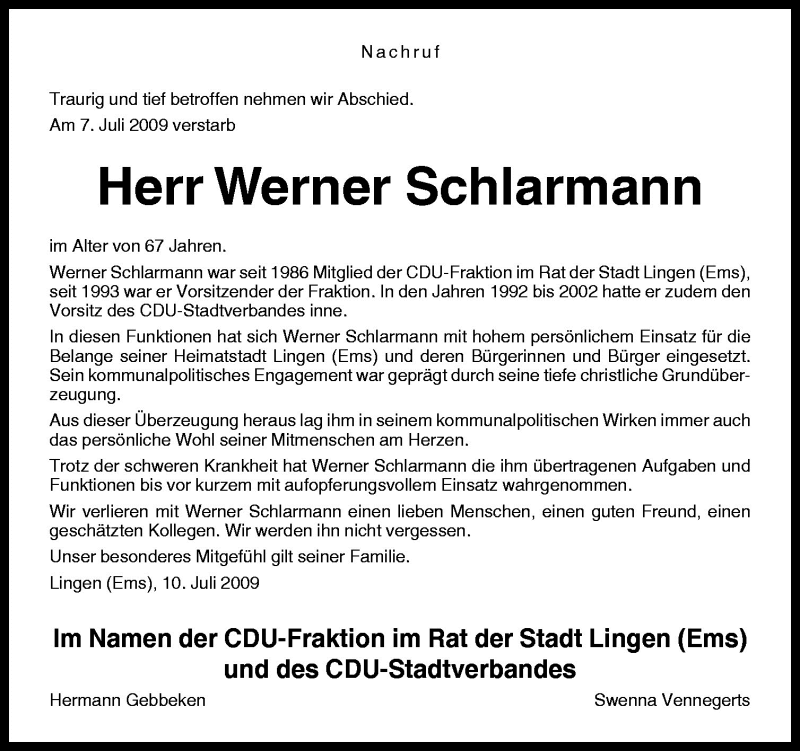  Traueranzeige für Werner Schlarmann vom 10.07.2009 aus Neue Osnabrücker Zeitung GmbH & Co. KG