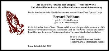 Traueranzeige von Bernhard Feldhaus von Neue Osnabrücker Zeitung GmbH & Co. KG