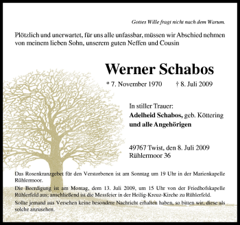 Traueranzeige von Werner Schabos von Neue Osnabrücker Zeitung GmbH & Co. KG