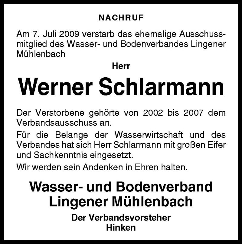  Traueranzeige für Werner Schlarmann vom 14.07.2009 aus Neue Osnabrücker Zeitung GmbH & Co. KG