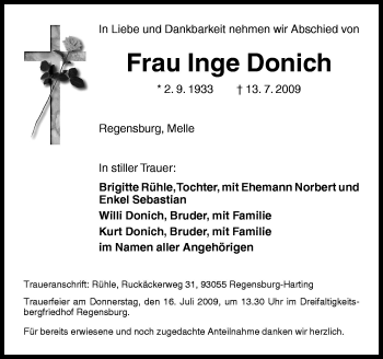 Traueranzeige von Inge Donich von Neue Osnabrücker Zeitung GmbH & Co. KG