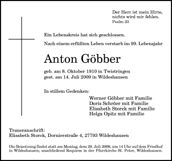 Traueranzeige von Anton Göbber von Neue Osnabrücker Zeitung GmbH & Co. KG