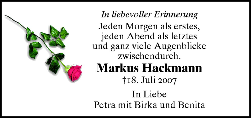  Traueranzeige für Markus Hackmann vom 18.07.2009 aus Neue Osnabrücker Zeitung GmbH & Co. KG