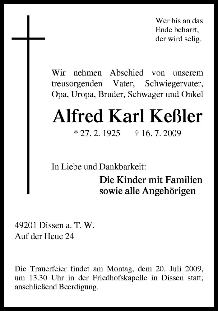  Traueranzeige für Alfred Karl Keßler vom 18.07.2009 aus Neue Osnabrücker Zeitung GmbH & Co. KG