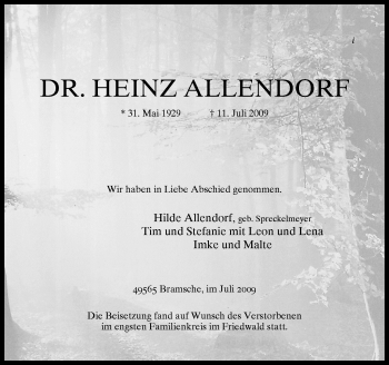 Traueranzeige von Heinz Allendorf von Neue Osnabrücker Zeitung GmbH & Co. KG