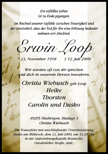 Traueranzeige von Erwin Loop von Neue Osnabrücker Zeitung GmbH & Co. KG