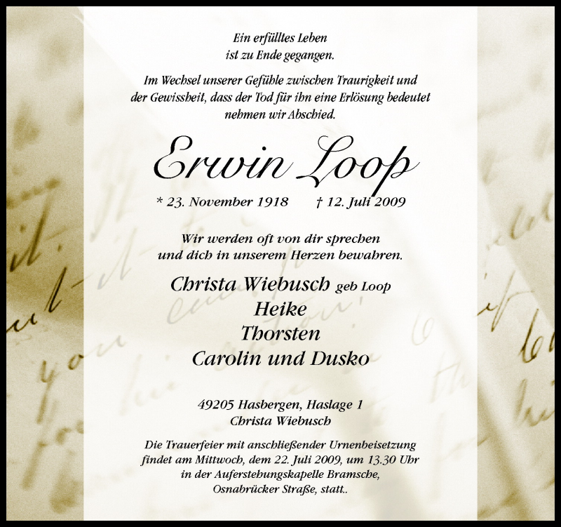  Traueranzeige für Erwin Loop vom 18.07.2009 aus Neue Osnabrücker Zeitung GmbH & Co. KG