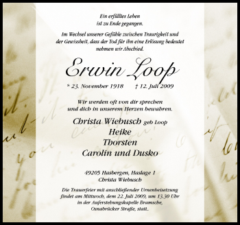 Traueranzeige von Erwin Loop von Neue Osnabrücker Zeitung GmbH & Co. KG