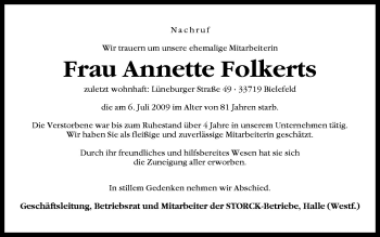 Traueranzeige von Annette Folkerts von Neue Osnabrücker Zeitung GmbH & Co. KG