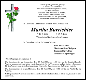 Traueranzeige von Martha Burrichter von Neue Osnabrücker Zeitung GmbH & Co. KG