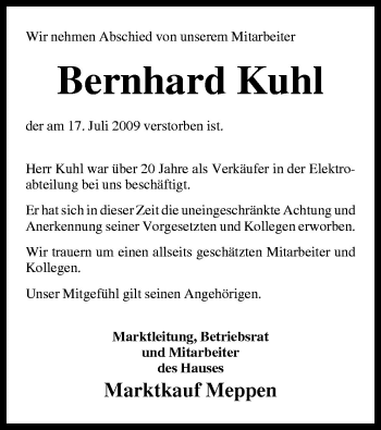 Traueranzeige von Bernhard Kuhl von Neue Osnabrücker Zeitung GmbH & Co. KG