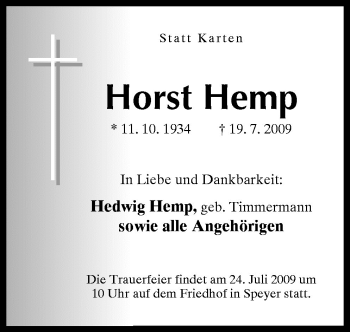 Traueranzeige von Horst Hemp von Neue Osnabrücker Zeitung GmbH & Co. KG