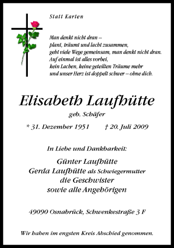 Traueranzeige von Elisabeth Laufhütte von Neue Osnabrücker Zeitung GmbH & Co. KG