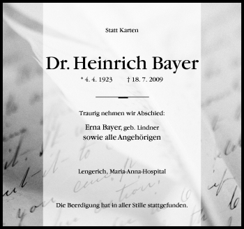 Traueranzeige von Heinrich Bayer von Neue Osnabrücker Zeitung GmbH & Co. KG