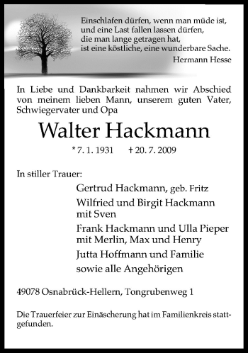 Traueranzeige von Walter Hackmann von Neue Osnabrücker Zeitung GmbH & Co. KG