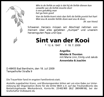 Traueranzeige von Sint van der Kooi von Neue Osnabrücker Zeitung GmbH & Co. KG