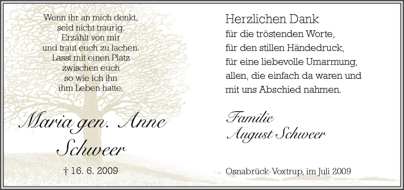 Traueranzeige für Maria Schweer vom 25.07.2009 aus Neue Osnabrücker Zeitung GmbH & Co. KG
