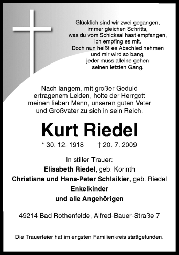Traueranzeige von Kurt Riedel von Neue Osnabrücker Zeitung GmbH & Co. KG