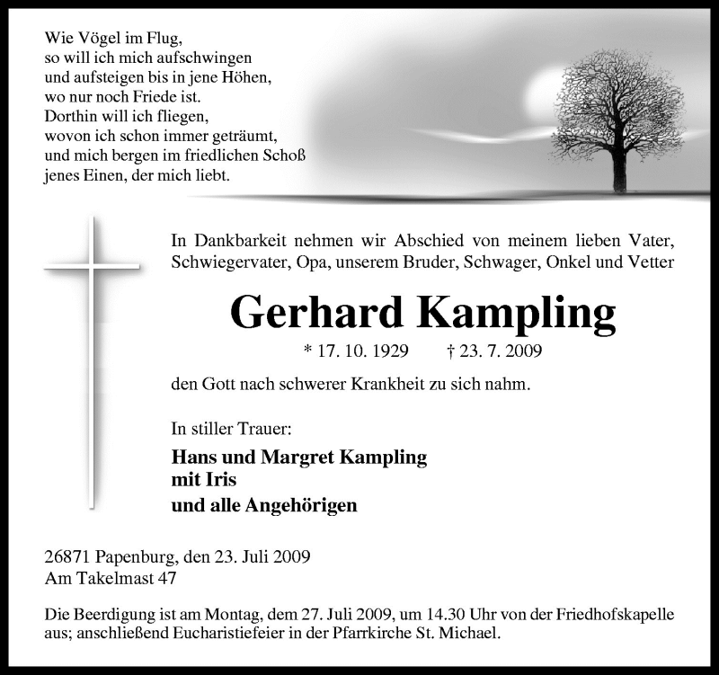  Traueranzeige für Gerhard Kampling vom 25.07.2009 aus Neue Osnabrücker Zeitung GmbH & Co. KG