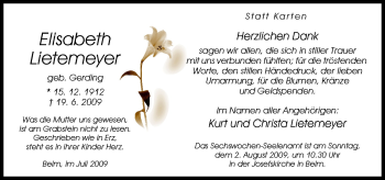 Traueranzeige von Elisabeth Lietemeyer von Neue Osnabrücker Zeitung GmbH & Co. KG