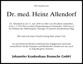 Traueranzeige von Heinz Allendorf von Neue Osnabrücker Zeitung GmbH & Co. KG