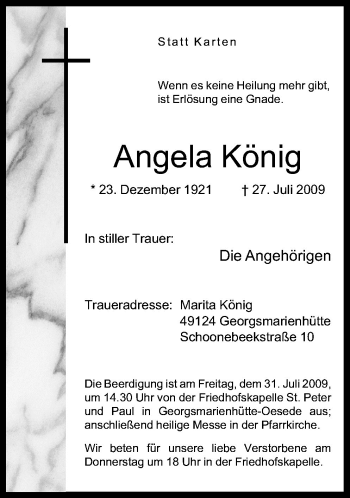 Traueranzeige von Angela König von Neue Osnabrücker Zeitung GmbH & Co. KG
