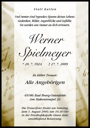 Traueranzeige von Werner Spielmeyer von Neue Osnabrücker Zeitung GmbH & Co. KG