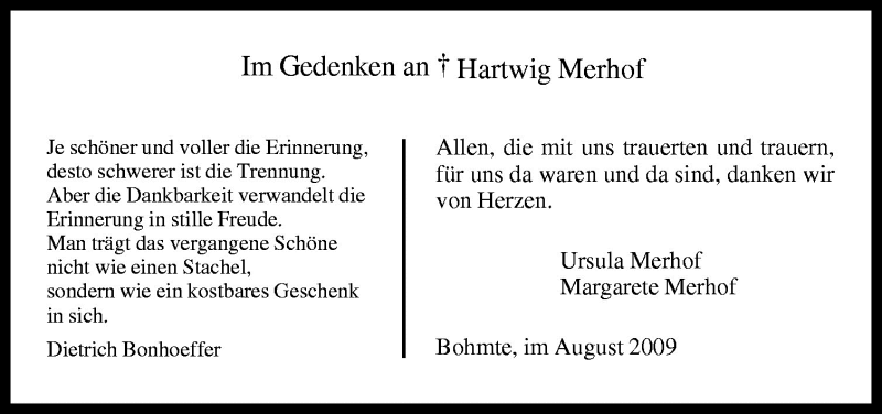  Traueranzeige für Hartwig Merhof vom 01.08.2009 aus Neue Osnabrücker Zeitung GmbH & Co. KG