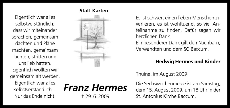  Traueranzeige für Franz Hermes vom 12.08.2009 aus Neue Osnabrücker Zeitung GmbH & Co. KG