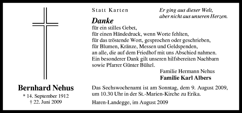  Traueranzeige für Bernhard Nehus vom 05.08.2009 aus Neue Osnabrücker Zeitung GmbH & Co. KG