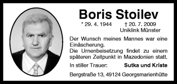 Traueranzeige von Boris Stoilev von Neue Osnabrücker Zeitung GmbH & Co. KG