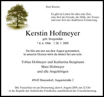 Traueranzeige von Kerstin Hofmeyer von Neue Osnabrücker Zeitung GmbH & Co. KG