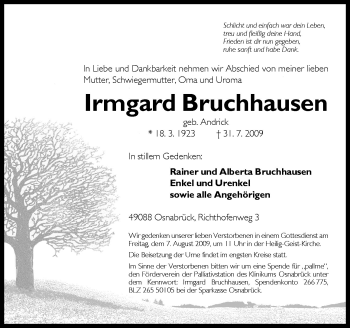 Traueranzeige von Irmgard Bruchhausen von Neue Osnabrücker Zeitung GmbH & Co. KG