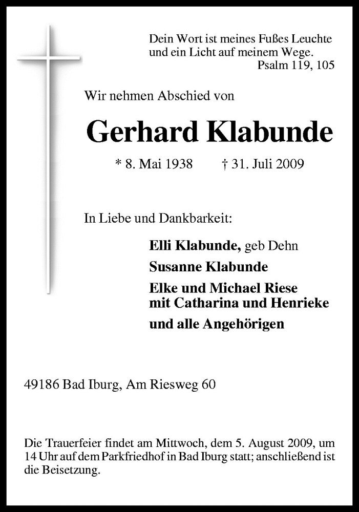  Traueranzeige für Gerhard Klabunde vom 03.08.2009 aus Neue Osnabrücker Zeitung GmbH & Co. KG