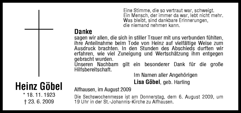  Traueranzeige für Heinz Göbel vom 04.08.2009 aus Neue Osnabrücker Zeitung GmbH & Co. KG