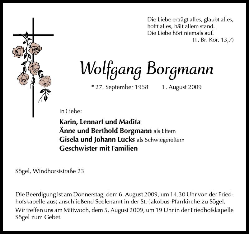  Traueranzeige für Wolfgang Borgmann vom 04.08.2009 aus Neue Osnabrücker Zeitung GmbH & Co. KG