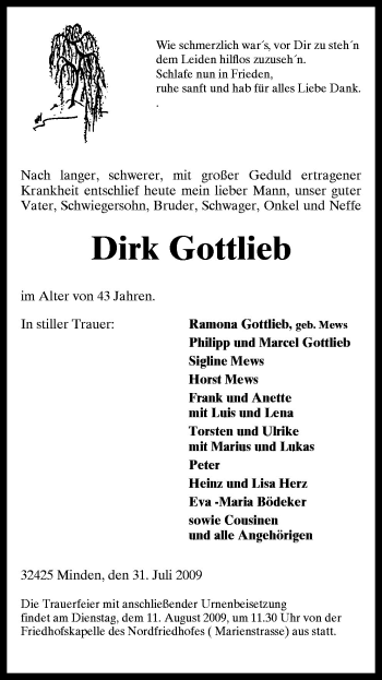 Traueranzeige von Dirk Gottlieb von Neue Osnabrücker Zeitung GmbH & Co. KG