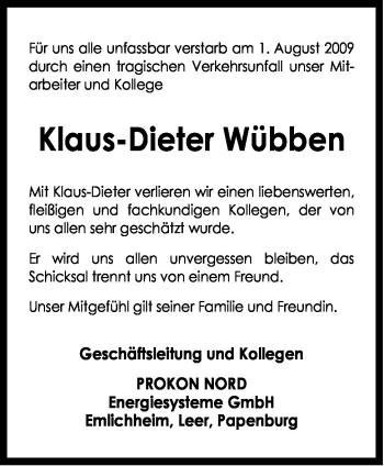 Traueranzeige von Klaus-Dieter Wübben von Neue Osnabrücker Zeitung GmbH & Co. KG